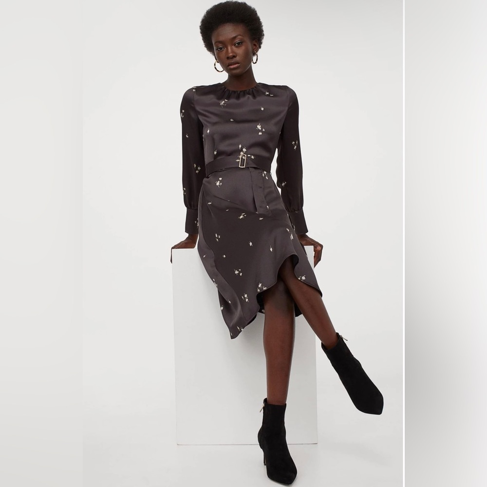 H&M black knee length dress with flowers. Size S